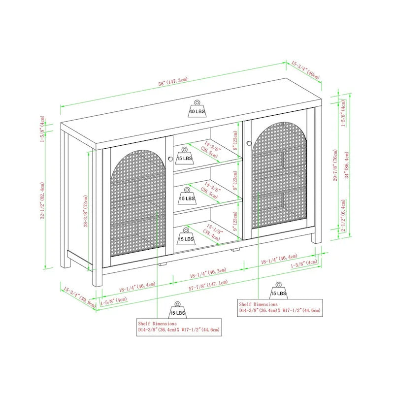Transitional 58  2-Door Sideboard with Arched Rattan Panels for Living Room, Bedroom and Office