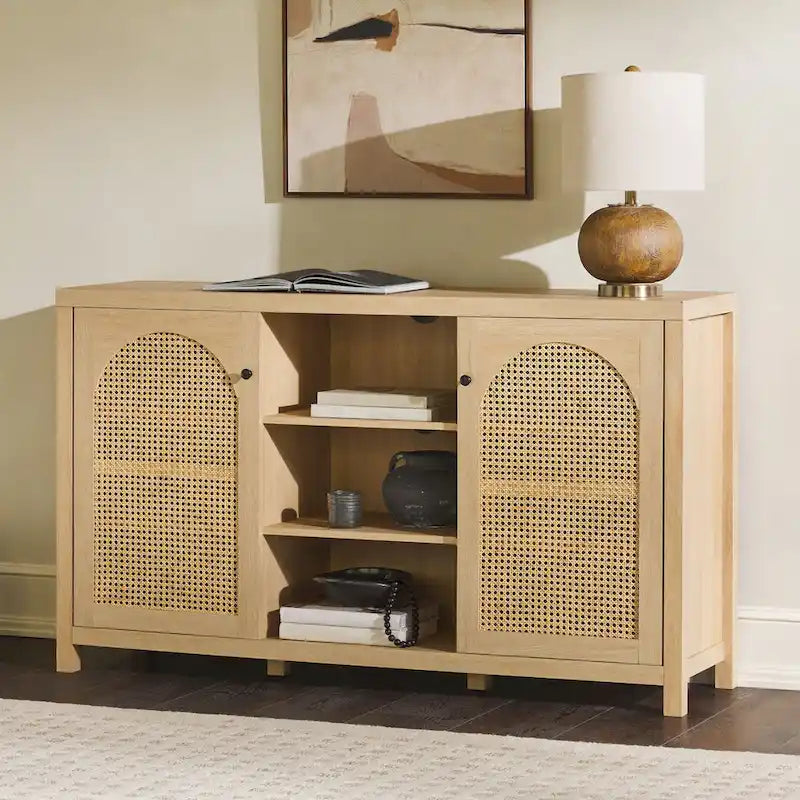 Transitional 58  2-Door Sideboard with Arched Rattan Panels for Living Room, Bedroom and Office