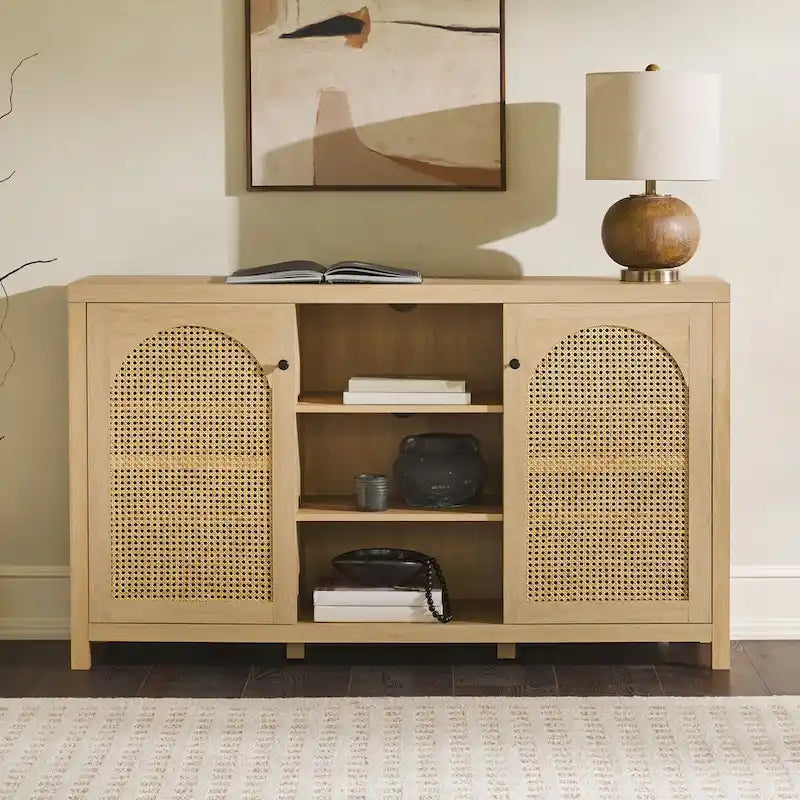 Transitional 58  2-Door Sideboard with Arched Rattan Panels for Living Room, Bedroom and Office
