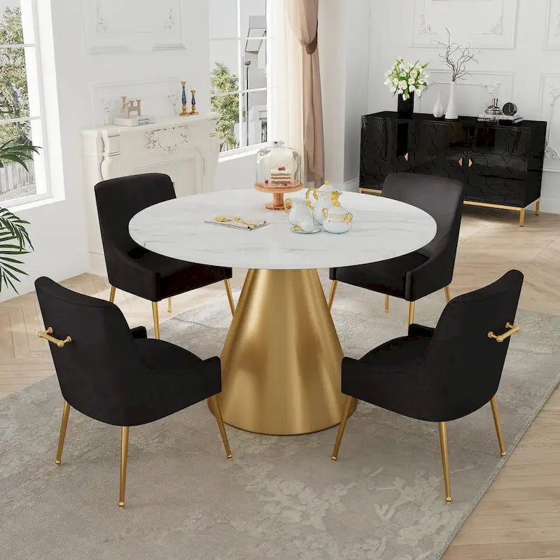 48  Marble Top Metal Dining Table with Velvet Dining Chair Set