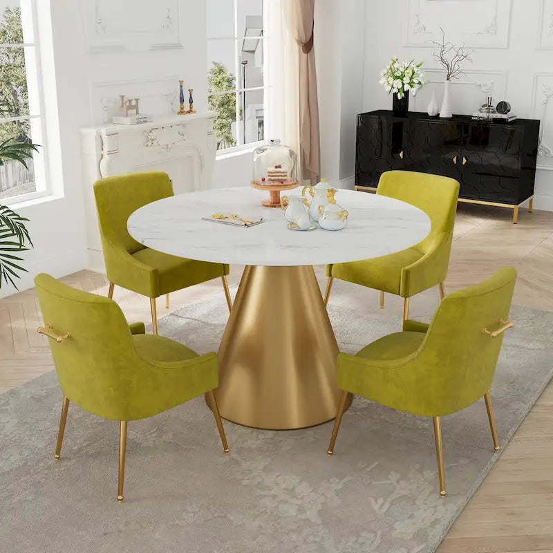 48  Marble Top Metal Dining Table with Velvet Dining Chair Set