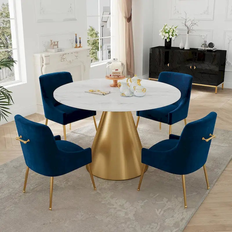 48  Marble Top Metal Dining Table with Velvet Dining Chair Set