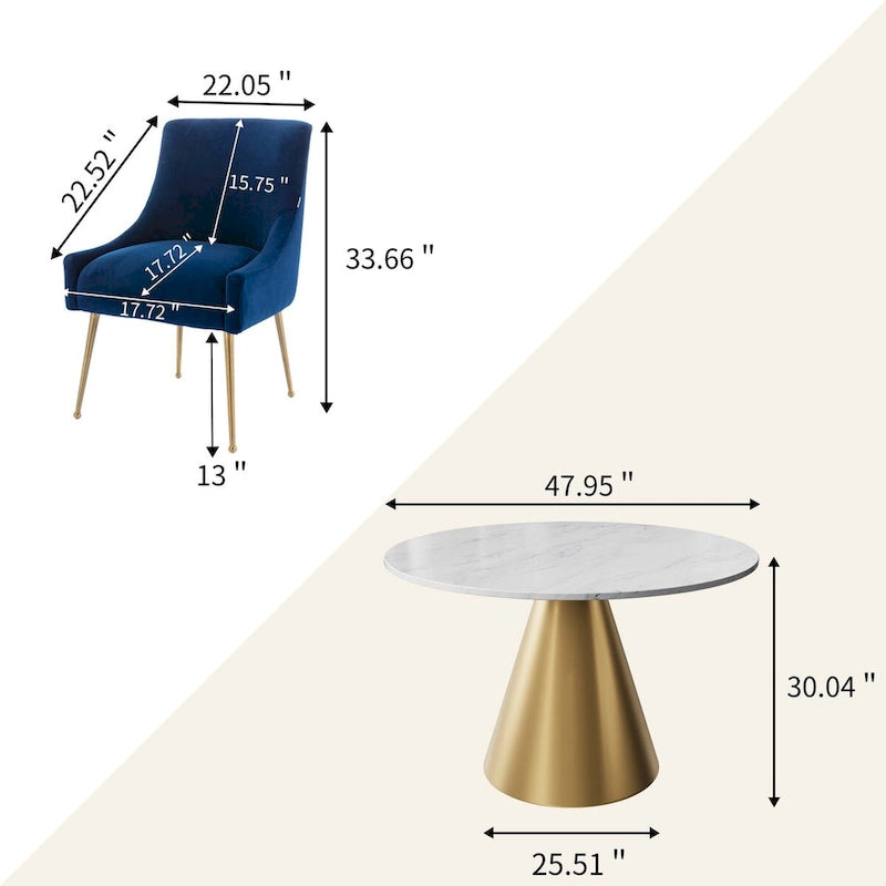 48  Marble Top Metal Dining Table with Velvet Dining Chair Set