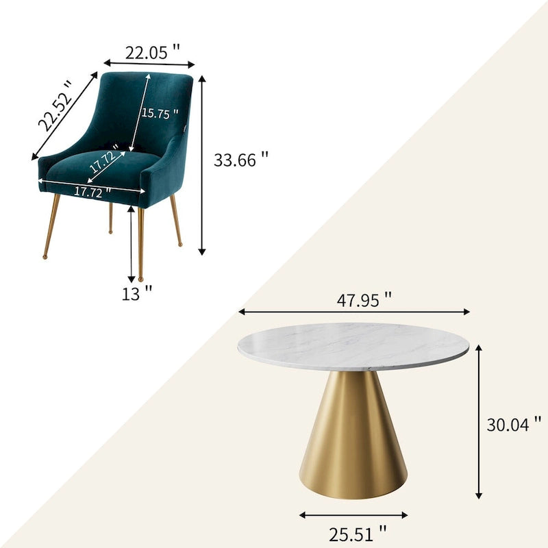 48  Marble Top Metal Dining Table with Velvet Dining Chair Set