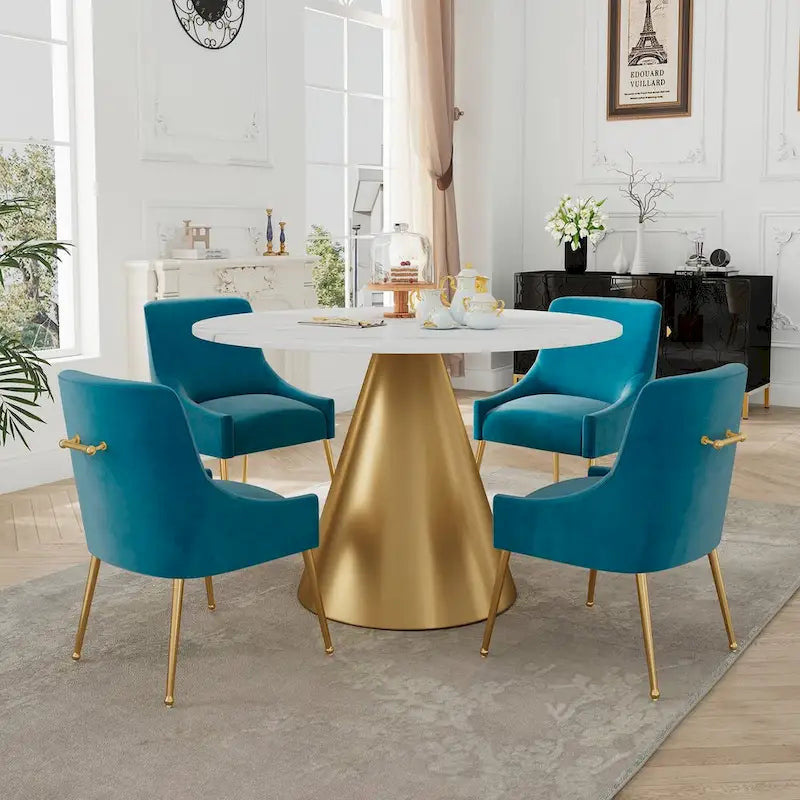 48  Marble Top Metal Dining Table with Velvet Dining Chair Set