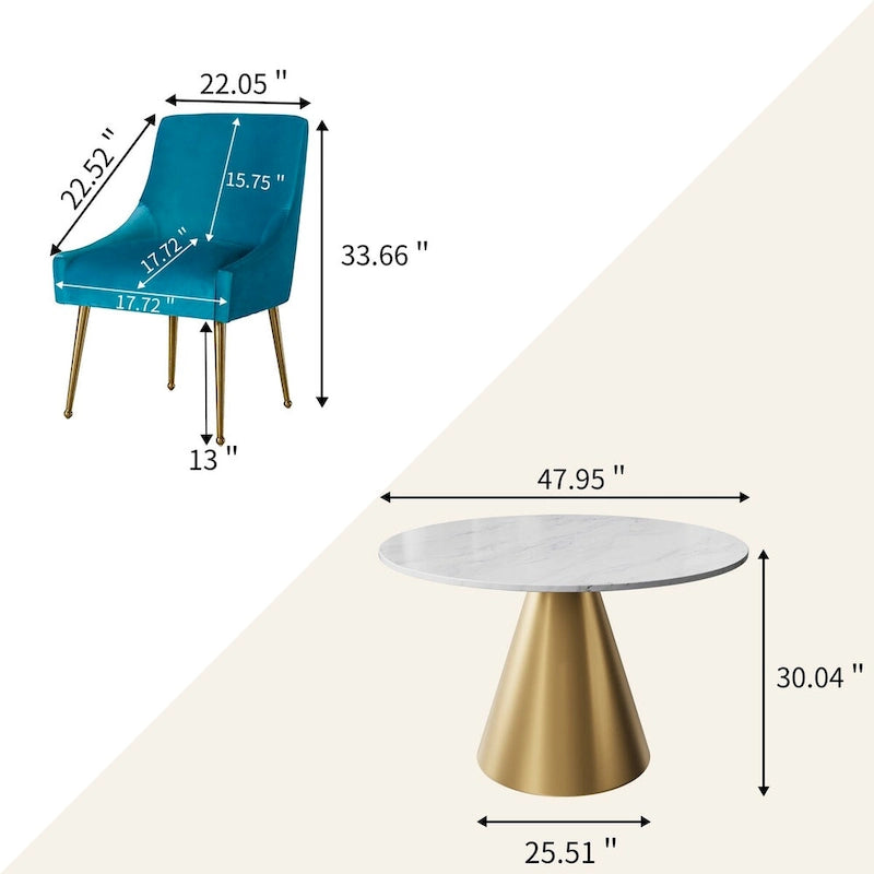 48  Marble Top Metal Dining Table with Velvet Dining Chair Set
