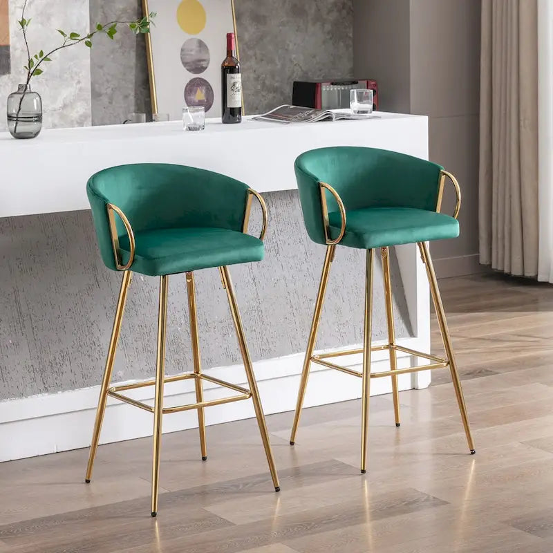 26 Inch Set of 2 Bar Stools,with Chrome Footrest and Base Velvet + Golden Leg Simple Bar Stool,GRAY