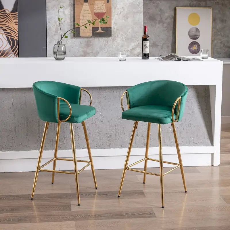 26 Inch Set of 2 Bar Stools,with Chrome Footrest and Base Velvet + Golden Leg Simple Bar Stool,GRAY