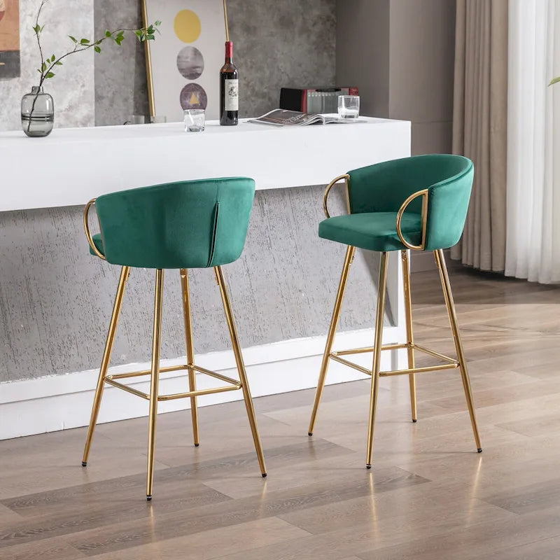 26 Inch Set of 2 Bar Stools,with Chrome Footrest and Base Velvet + Golden Leg Simple Bar Stool,GRAY