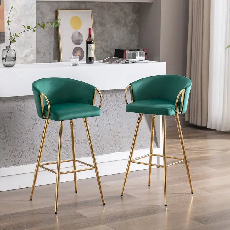 26 Inch Set of 2 Bar Stools,with Chrome Footrest and Base Velvet + Golden Leg Simple Bar Stool,GRAY