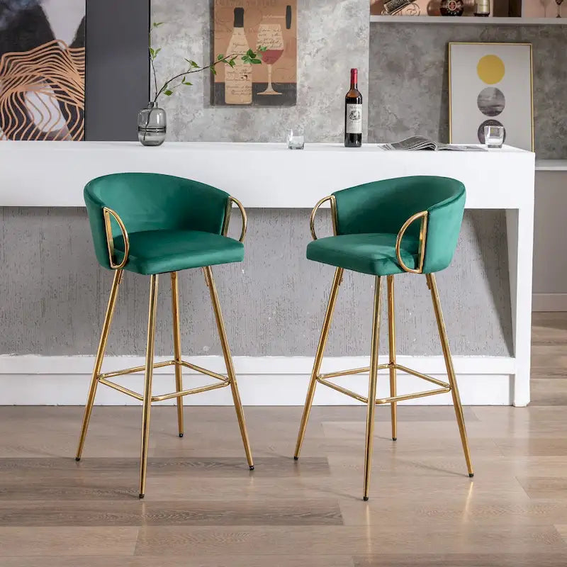 26 Inch Set of 2 Bar Stools,with Chrome Footrest and Base Velvet + Golden Leg Simple Bar Stool,GRAY