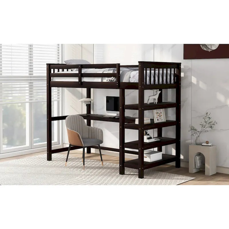Twin Size Pine Loft Bed with Storage Shelves and Under-Bed Desk