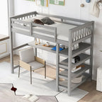 Twin Size Pine Loft Bed with Storage Shelves and Under-Bed Desk