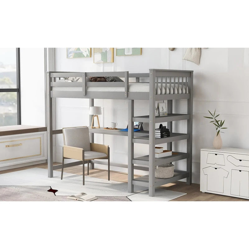 Twin Size Pine Loft Bed with Storage Shelves and Under-Bed Desk