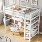Twin Size Pine Loft Bed with Storage Shelves and Under-Bed Desk