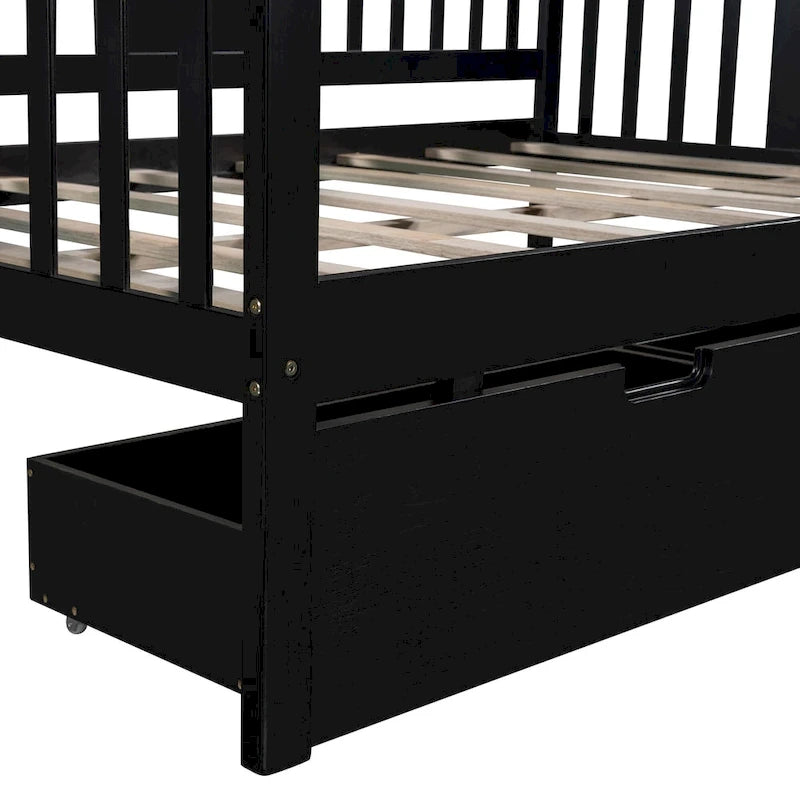 Full-size Daybed Sofa Bed with Two Drawers, Handrails, and Wood Slat Support