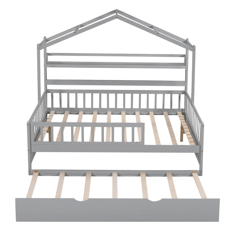 Wooden Full Size House Bed with Trundle - Multiple Storage Racks, Safety Barriers