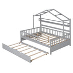 Wooden Full Size House Bed with Trundle - Multiple Storage Racks, Safety Barriers