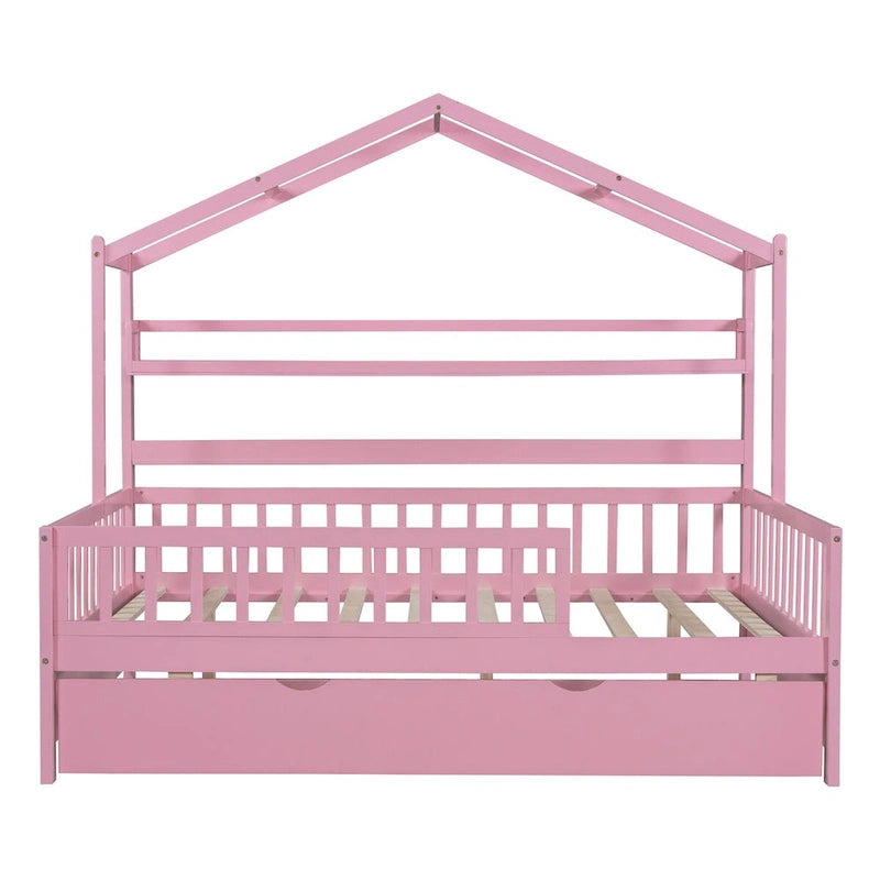 Wooden Full Size House Bed with Trundle - Multiple Storage Racks, Safety Barriers