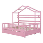Wooden Full Size House Bed with Trundle - Multiple Storage Racks, Safety Barriers