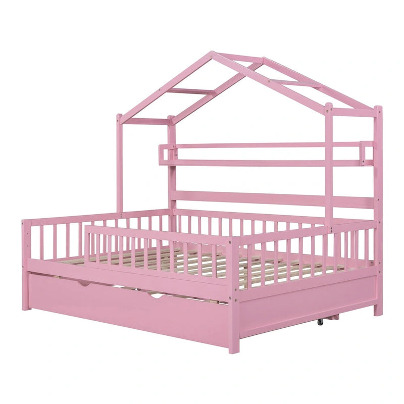 Wooden Full Size House Bed with Trundle - Multiple Storage Racks, Safety Barriers