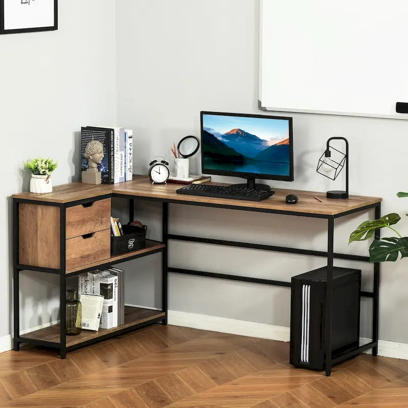 Industrial L-Shaped Computer Desk with Storage Shelves and 2 Dawers