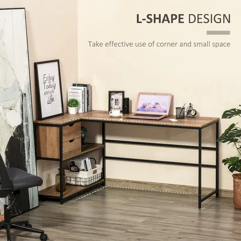 Industrial L-Shaped Computer Desk with Storage Shelves and 2 Dawers