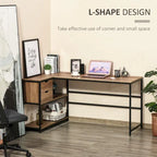 Industrial L-Shaped Computer Desk with Storage Shelves and 2 Dawers
