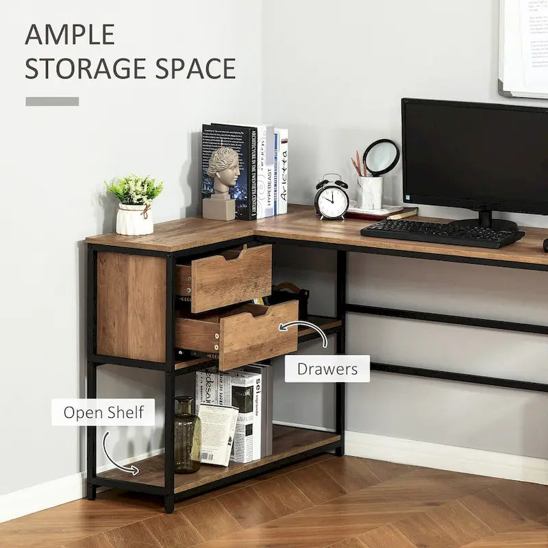 Industrial L-Shaped Computer Desk with Storage Shelves and 2 Dawers