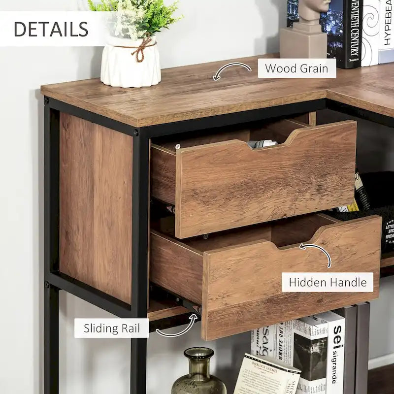 Industrial L-Shaped Computer Desk with Storage Shelves and 2 Dawers