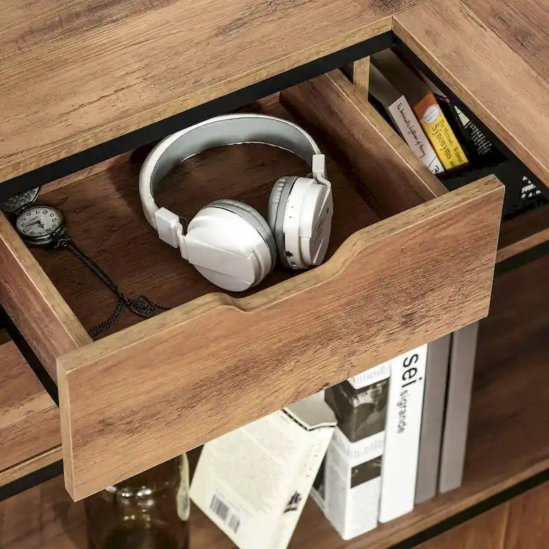 Industrial L-Shaped Computer Desk with Storage Shelves and 2 Dawers