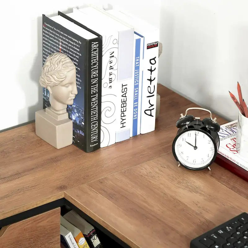 Industrial L-Shaped Computer Desk with Storage Shelves and 2 Dawers