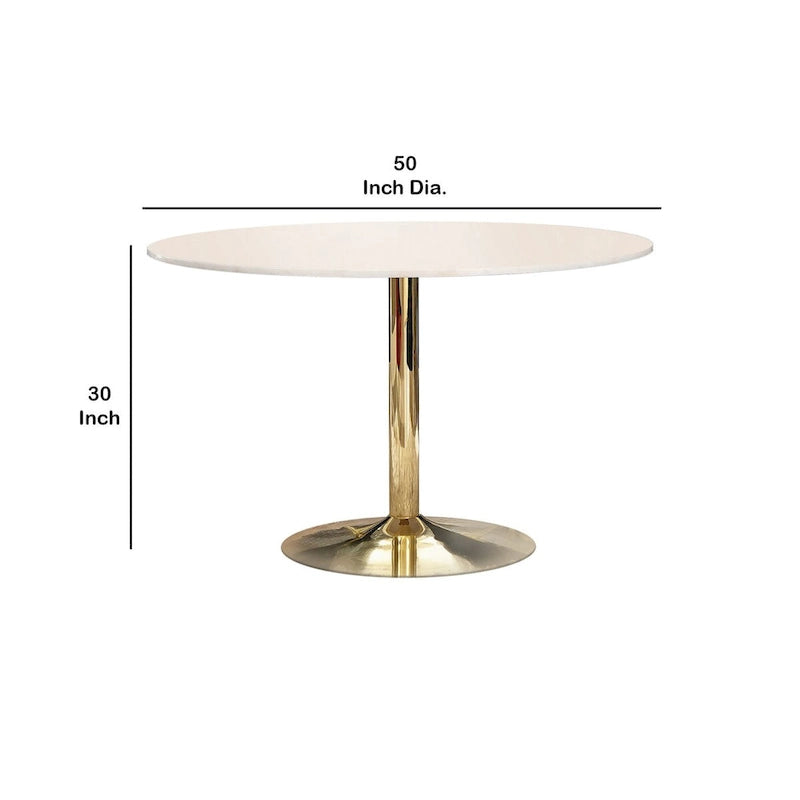 30 Inch Round Marble Top Modern Dining Table, White and Gold
