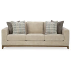 Klyn 93 Inch Sofa, 4 Accent Pillows, Faux Wood Feet, Beige Polyester