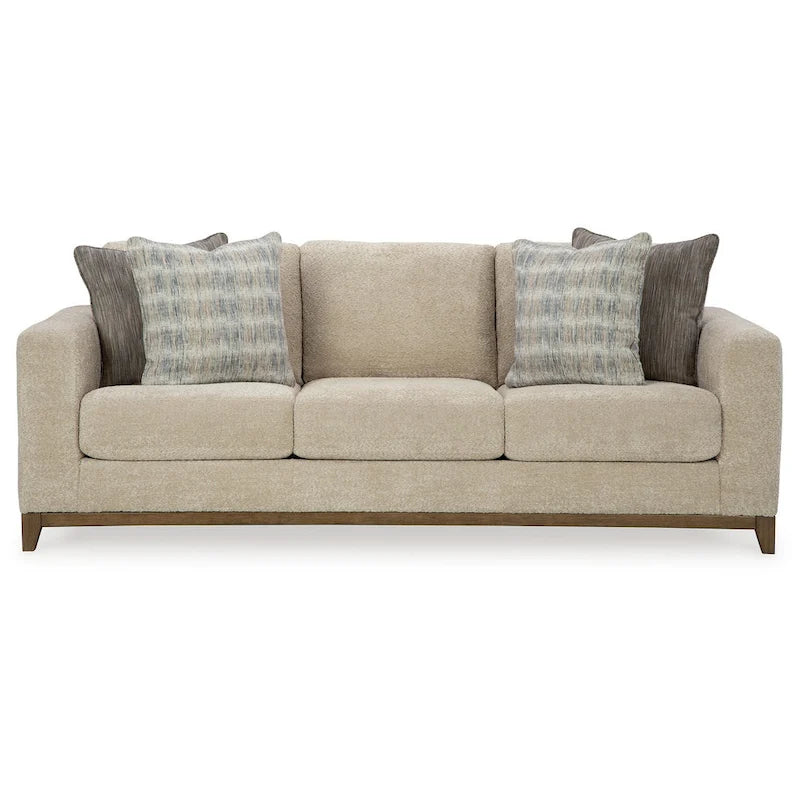 Klyn 93 Inch Sofa, 4 Accent Pillows, Faux Wood Feet, Beige Polyester