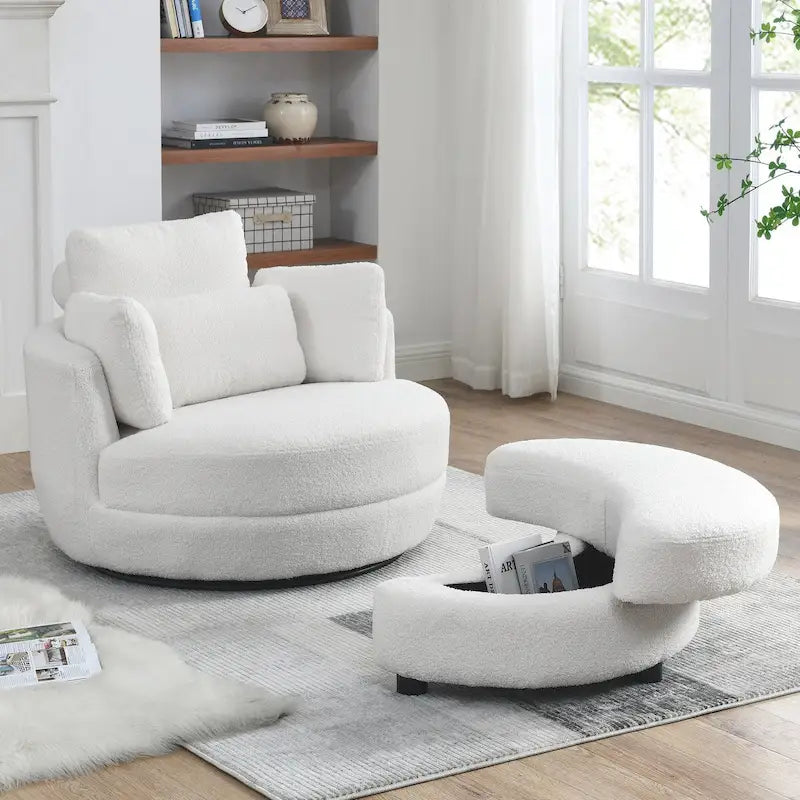 39 W Oversized Swivel Chair,moon storage ottoman,Loveseat Circle Swivel Barrel Chairs Cuddle Sofa Lounger Armchair,4 Pillows