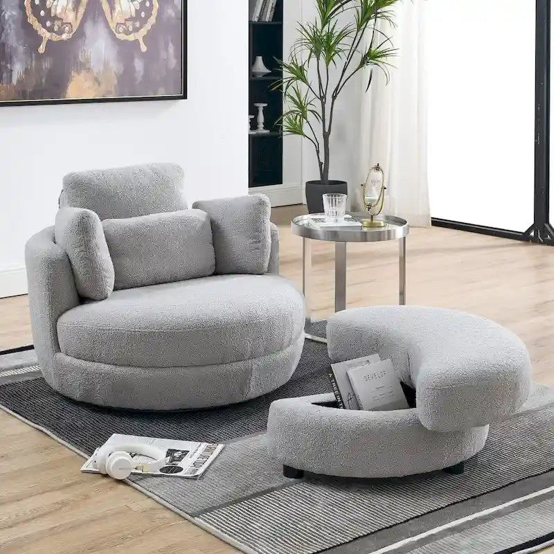39 W Oversized Swivel Chair,moon storage ottoman,Loveseat Circle Swivel Barrel Chairs Cuddle Sofa Lounger Armchair,4 Pillows