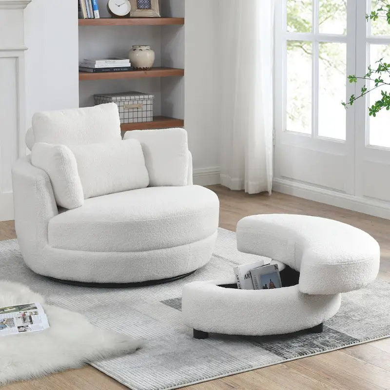 39 W Oversized Swivel Chair,moon storage ottoman,Loveseat Circle Swivel Barrel Chairs Cuddle Sofa Lounger Armchair,4 Pillows