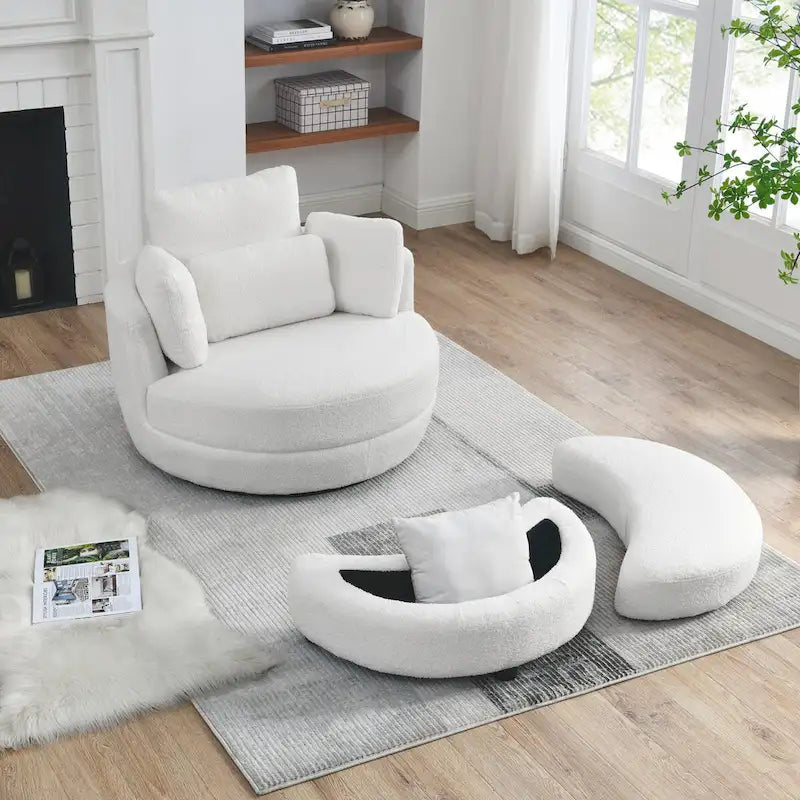 39 W Oversized Swivel Chair,moon storage ottoman,Loveseat Circle Swivel Barrel Chairs Cuddle Sofa Lounger Armchair,4 Pillows