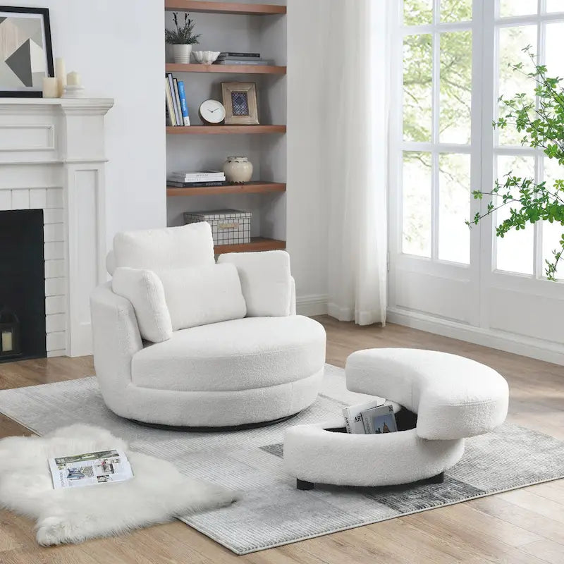 39 W Oversized Swivel Chair,moon storage ottoman,Loveseat Circle Swivel Barrel Chairs Cuddle Sofa Lounger Armchair,4 Pillows