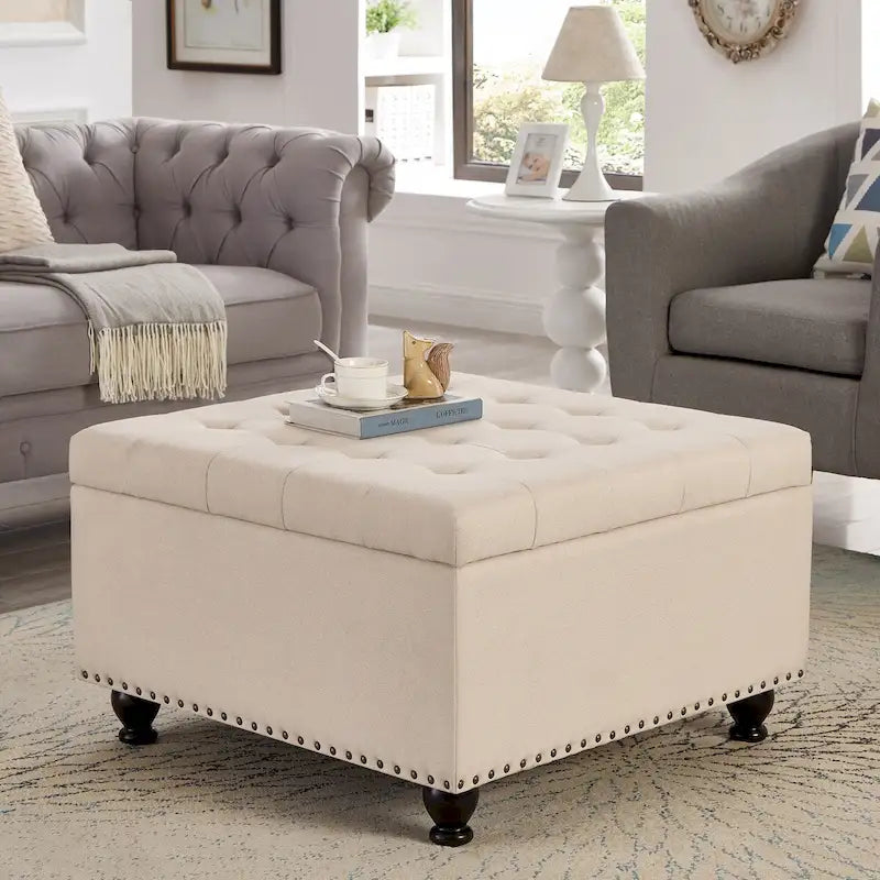 Large Square Storage Ottoman Upholstered Button Tufted Coffee Table - 30 W x 30 D x 18 H.
