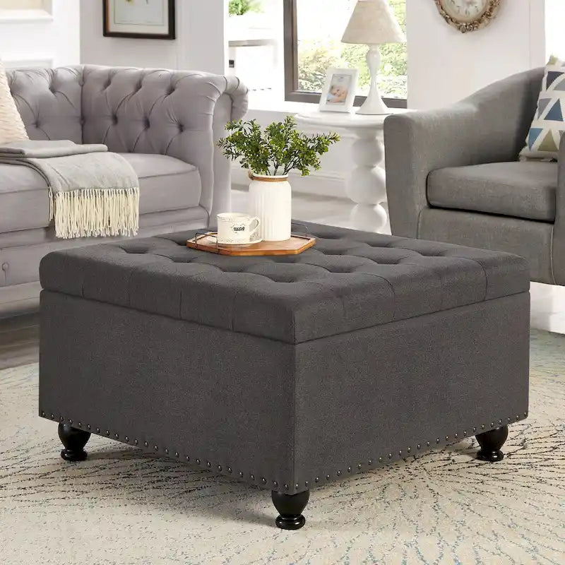 Large Square Storage Ottoman Upholstered Button Tufted Coffee Table - 30 W x 30 D x 18 H.