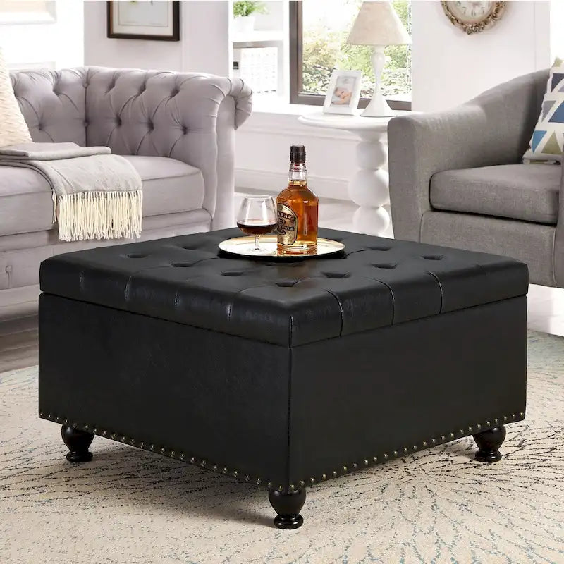 Large Square Storage Ottoman Upholstered Button Tufted Coffee Table - 30 W x 30 D x 18 H.