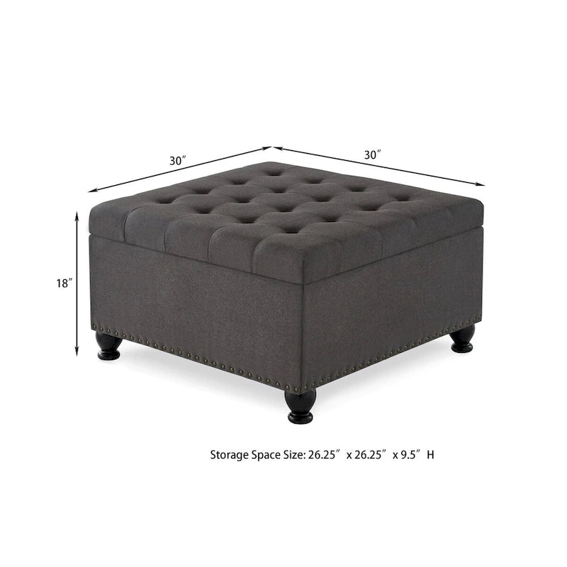 Large Square Storage Ottoman Upholstered Button Tufted Coffee Table - 30 W x 30 D x 18 H.