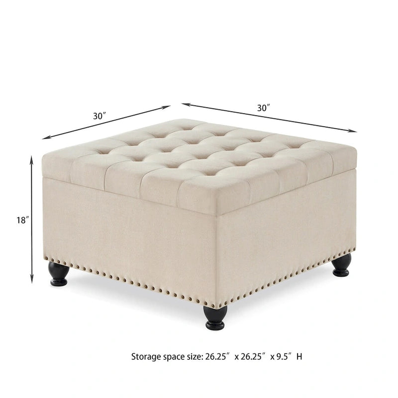 Large Square Storage Ottoman Upholstered Button Tufted Coffee Table - 30 W x 30 D x 18 H.