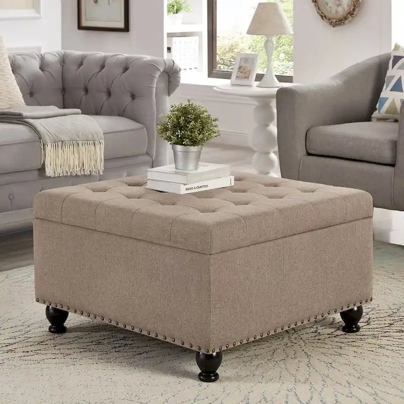 Large Square Storage Ottoman Upholstered Button Tufted Coffee Table - 30 W x 30 D x 18 H.