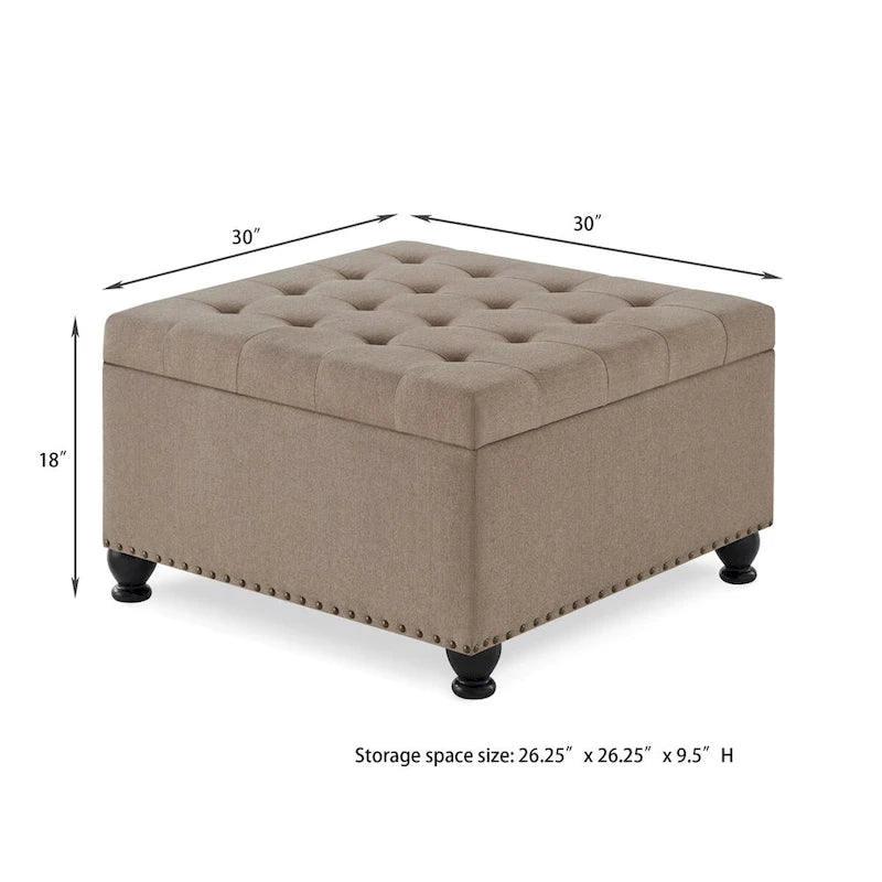 Large Square Storage Ottoman Upholstered Button Tufted Coffee Table - 30 W x 30 D x 18 H.