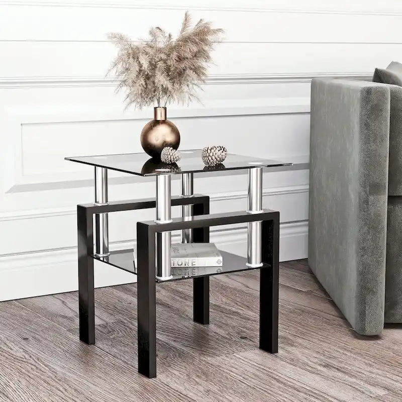 Modern Tempered Glass Tea Table Coffee Table End Table Square Table - 17.72 L x 17.72  W x 20.5  H,