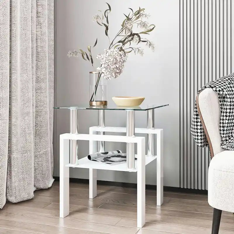 Modern Tempered Glass Tea Table Coffee Table End Table Square Table - 17.72 L x 17.72  W x 20.5  H,