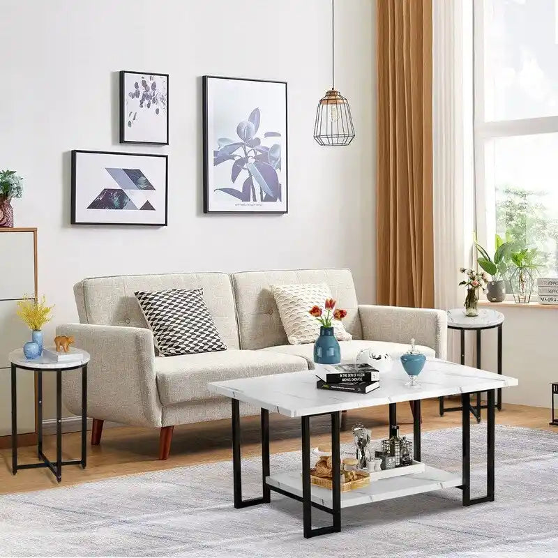 Grondin Modern Style 3-Piece Coffee Table Set with 2 End Table, Living Room Table Set of 3 with Faux Marble Tabletop
